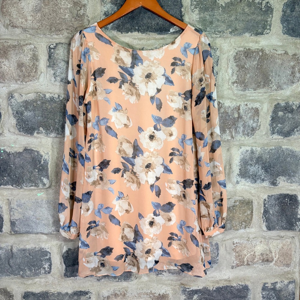 Lulus Peach Floral Boat Neck Long Sleeve Shift Mini Dress N50915C Women's Medium